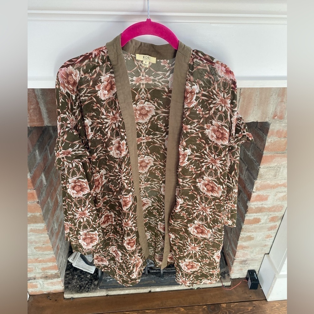 Kori America Olive Green Pink Floral Sheer Cardigan Open Front size Smal…